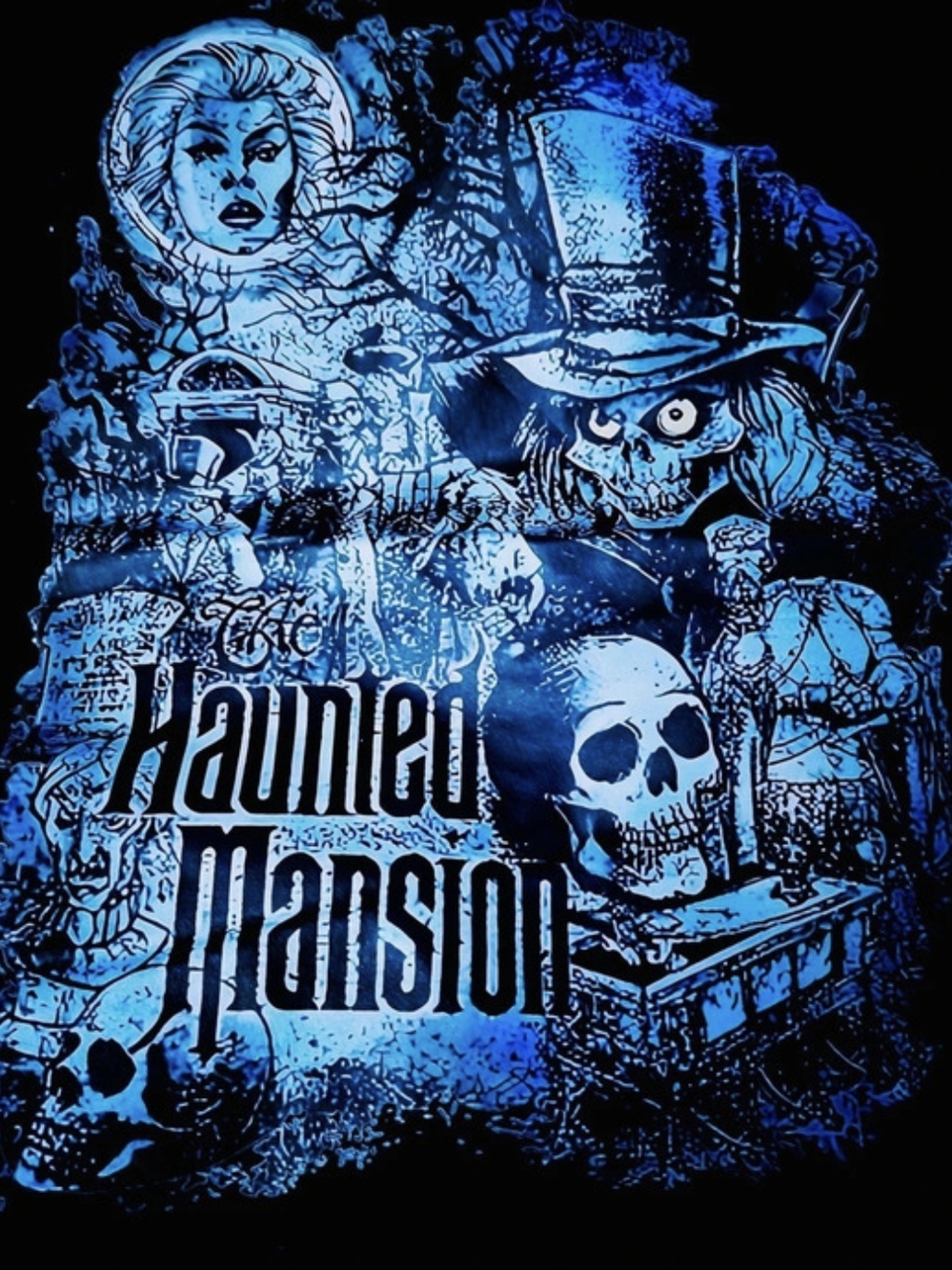 Disney The Haunted Mansion Hat Box Ghost & Graveyard Spooky Blue On Black Tee.